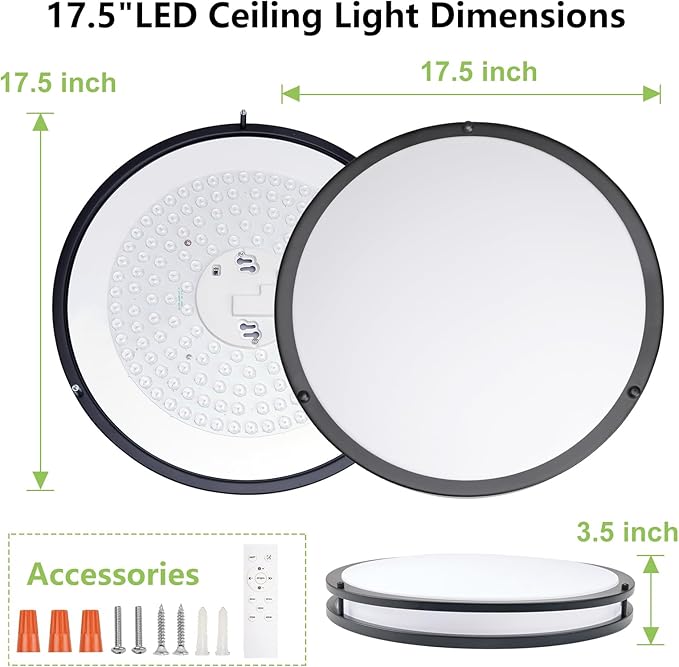Flush Mount Ceiling Light - 2 Pack 36W 3000K/3500K/4000K/5000K/6000K Dimmable Led Ceiling Light Fixture for Kitchen Hallway Bedroom Bathroom (2, Black, 17.5 Inch)