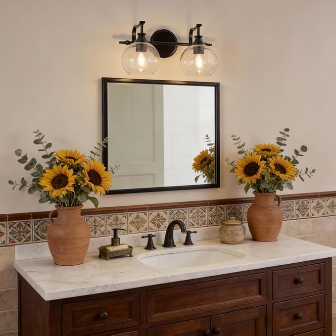 ANDY STAR 2 Light Bathroom Vanity Light, Matte Black Bathroom Light Fixtures, Modern Wall Sconce with Clear Globe Glass Shade, Farmhouse Wall Lamp for Bathroom, Living Room, Hallway, Cabinet, Porch