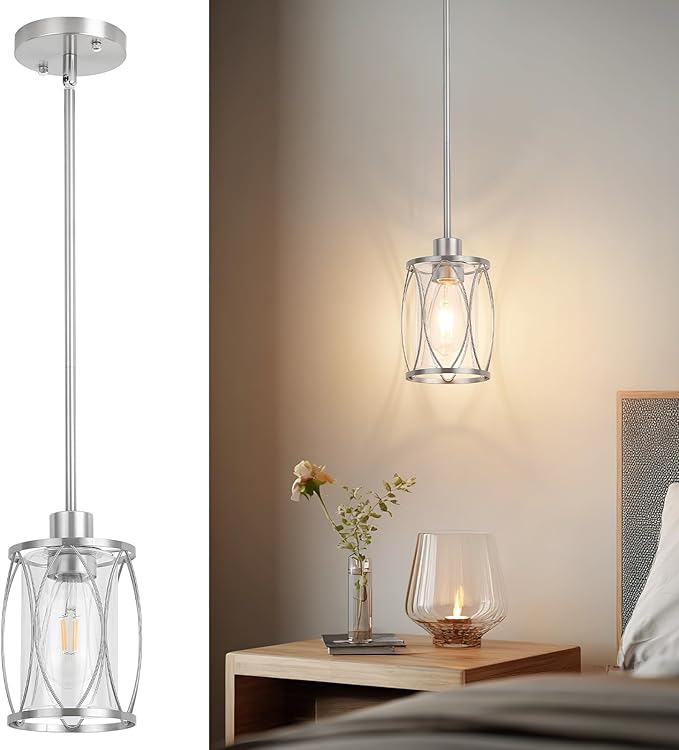 Glass Pendant Lights Kitchen Island Brushed Nickel Pendant Light Fixtures Adjustable Modern Mini Hanging Light with Clear Glass for Sink Dining Room Foyer Entryway Bar, 1 Pack