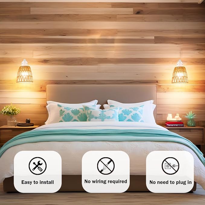 Battery Operated Wall Sconce Set of 2, Boho USB Rechargeable Wall lamp, White Farmhouse Rattan Sconce Lighting with Remote, RGB 15 Colors Modes Rechargeable Wall Lights for Bedroom Livingroom Hallway