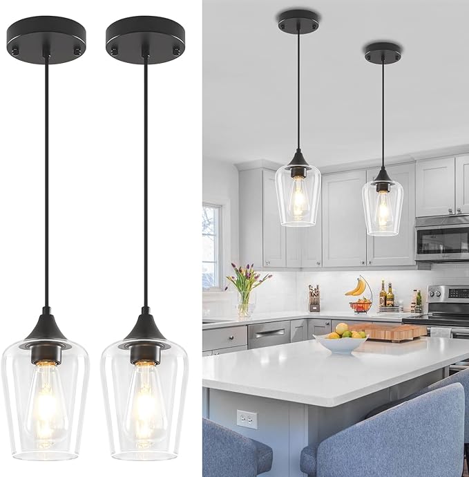 2-Pack Black Pendant Lights Kitchen Island, Modern Glass Pendant Lighting Over Island Kitchen Hanging Light Fixtures Hallway Pendant Lights for Bathroom Dining Room Entryway Foyer Bedroom
