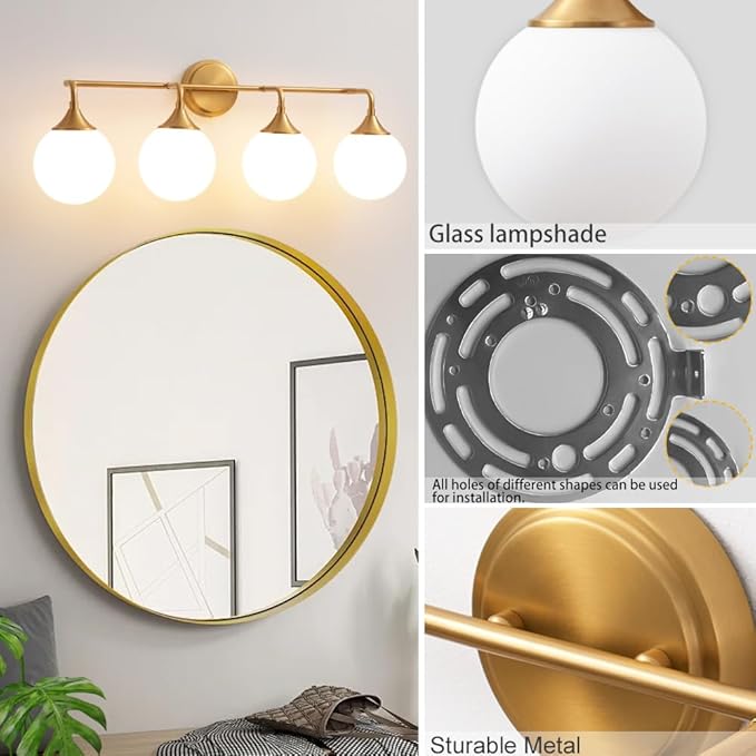 Gold Bathroom Light Fixtures, Modern Vanity Lights Over Mirror, Brushed Brass Wall Sconce Lighting 4-Light with Milky White Glass Ball Shades