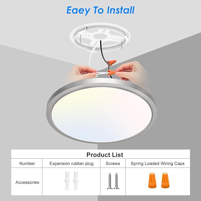 Peasur 7 Inch Satin Round Lighting Brushed Nickel, 15W LED Slim Flush Mount Ceiling Light,3000K/4000K/6500K Adjustable, Modern LED Ceiling Light for Bedroom, Living Room and Kitchen