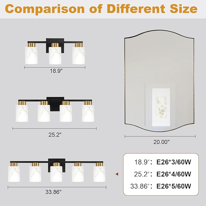 5-Light Bathroom Light Fixtures, Modern Vanity Lights, Black and Gold Metal Wall Lamp with White Marble Glass for Bathroom, Mirror, Living Room, Bedroom, Cabinet, Porch, Hallway, E26 Base