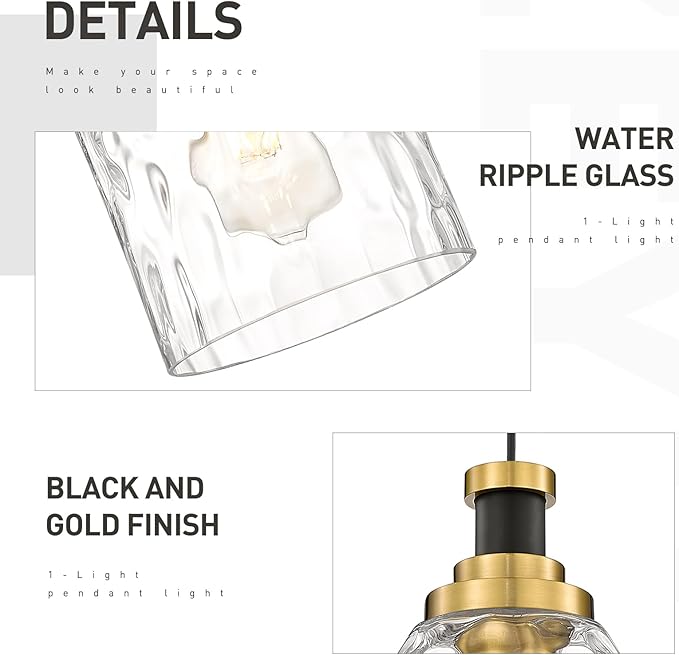zeyu Pendant Light 2 Pack, Vintage Adjustable Hanging Light for Hallway, Haning Light Fixture Ceiling with Water Ripple Glass Shade, Black and Gold Finish, ZG33M1L-2 BK+BG-WG