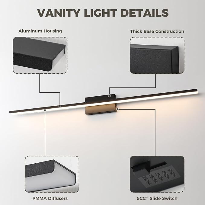 JUSHENG Black Modern LED Vanity Lights for Bathroom Light Fixtures, 47.24 Inch 42W 5CCT Dimmable Vanity Light Bar Bathroom Lighting