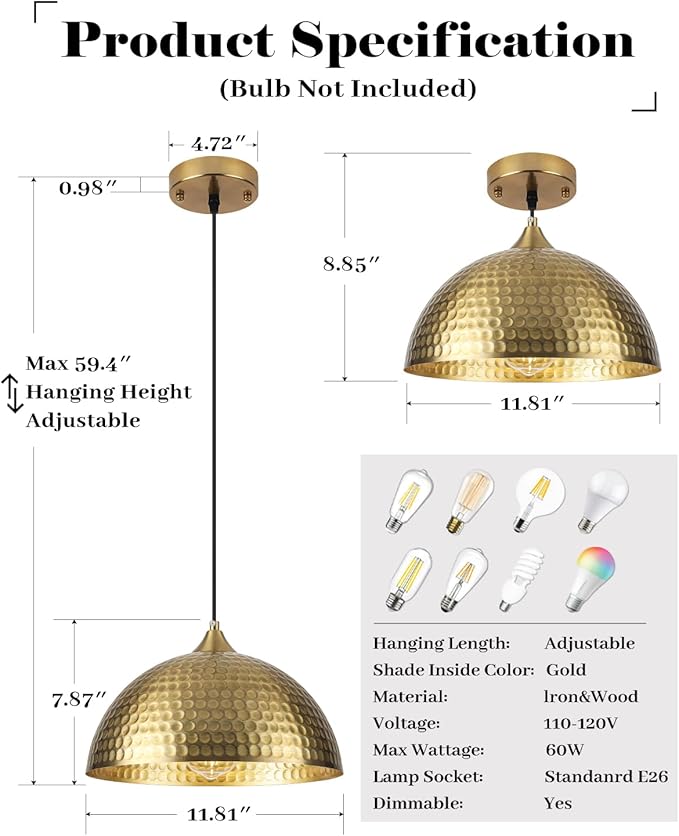 Hammered Pendant Lights Kitchen Island 3 Pack, 12 Inch Gold Dome Pendant Light, Industrial Hammered Pendant Light, Island Pendant Lights for Kitchen, Dining Room, Cafe