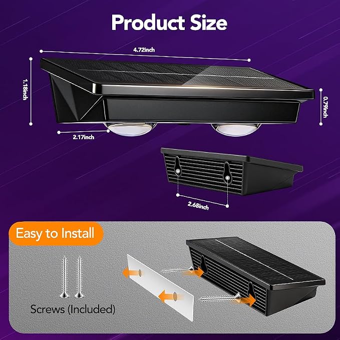Solar Fence Lights Outdoor,2 Pack Waterproof LED Solar Powered Deck Light with Ultra Bright LED Lens,3000K/4000K/6000K Selectable,12+ Hours Steady Glow for Step,Railing,Backyard,Wall