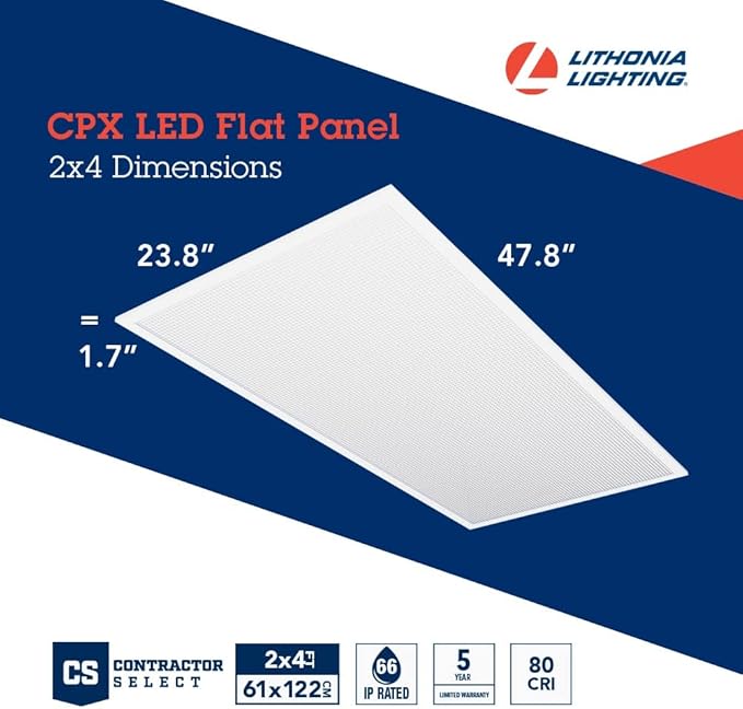 Lithonia Lighting CPX 2x4 LED Flat Panel Light, 2 ft. x 4 ft. LED Light Panel, Ceiling Lighting Fixture for Shop Lighting, 4000 Lumens, 4000K Cool White, A12 Prismatic Lens, White