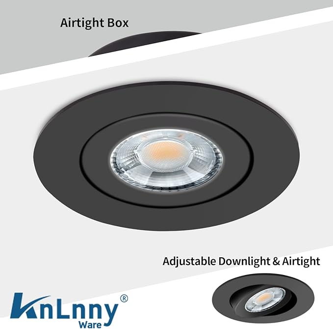 KnLnny Ware Black Gimbal recessed Lights 4 Inch 6 Pack, Gimbal canless recessed Lights with Junction Box,9W 750LM,Dimmable,5CCT Selectable,Air Tight