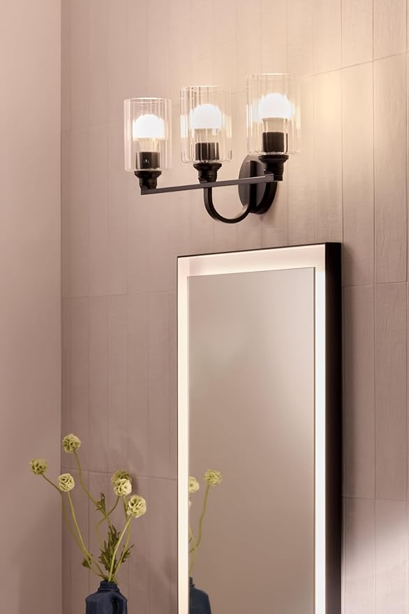 Kichler Gioe 24.25" 3-Light Bathroom Vanity Light Fixture with Clear Fluted Glass in Black, Modern Wall Mount Over Mirror for Powder Room, Damp Rated (24.25" W x 10.5" H), 55226BKFLU