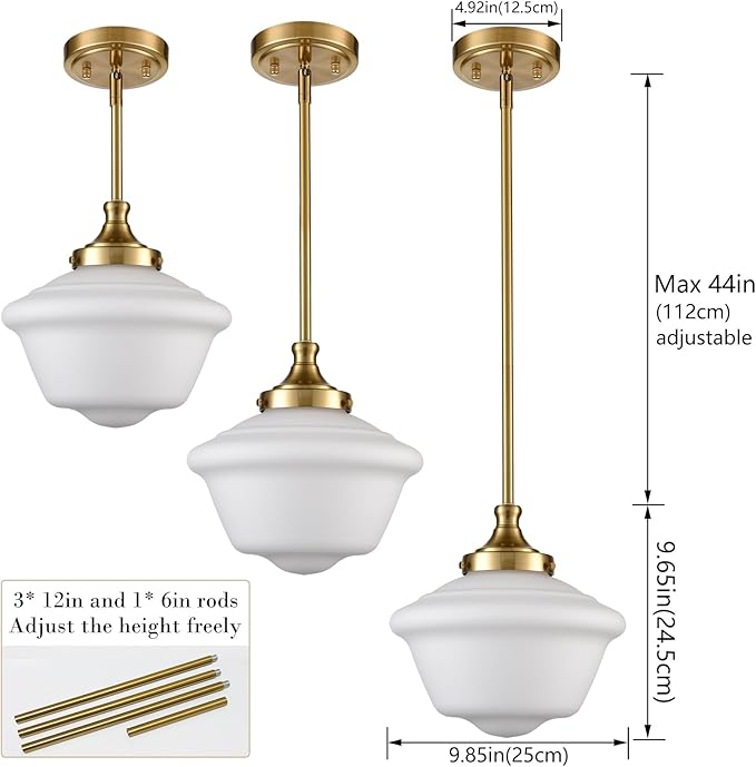 SAMTEEN Modern Gold Pendant Light Schoolhouse Light Fixture 10-Inch White Glass Pendant Lighting for Kitchen Island Adjustable Height Brass Hanging Light Kit for Dining Room Hallway