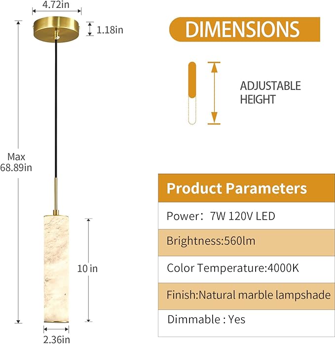 LMQNINE Natural Alabaster Pendant Lights for Kitchen Island White Marble Long Tube Chandelier Modern 4000K Gold Ceiling Light Fixtures for Bedroom Dining Room Table Living Room Hallway(S-2Pack)