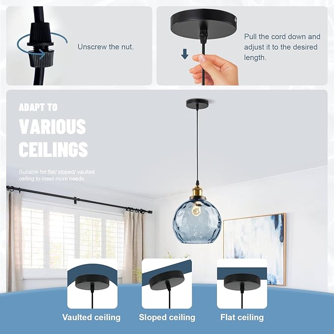 Modern Pendant Lights Kitchen Island, Hand Blown Glass Hanging Kitchen Lights with 7.8" Blue Hammered Globe, 1-Light Island Pendant Lights for Kitchen Dining Room Bathroom Bedroom