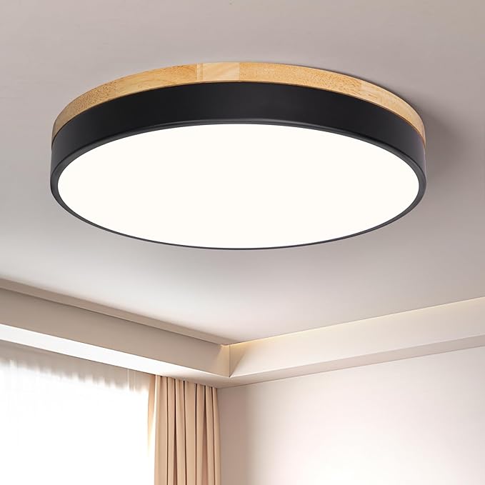 Modern Wood Black Flush Mount Ceiling Light, 15.74" Round LED Low Profile Close to Ceiling Fixture for Kitchen Bedroom Bathroom Laundry Hallway Entryway Closet Living Room