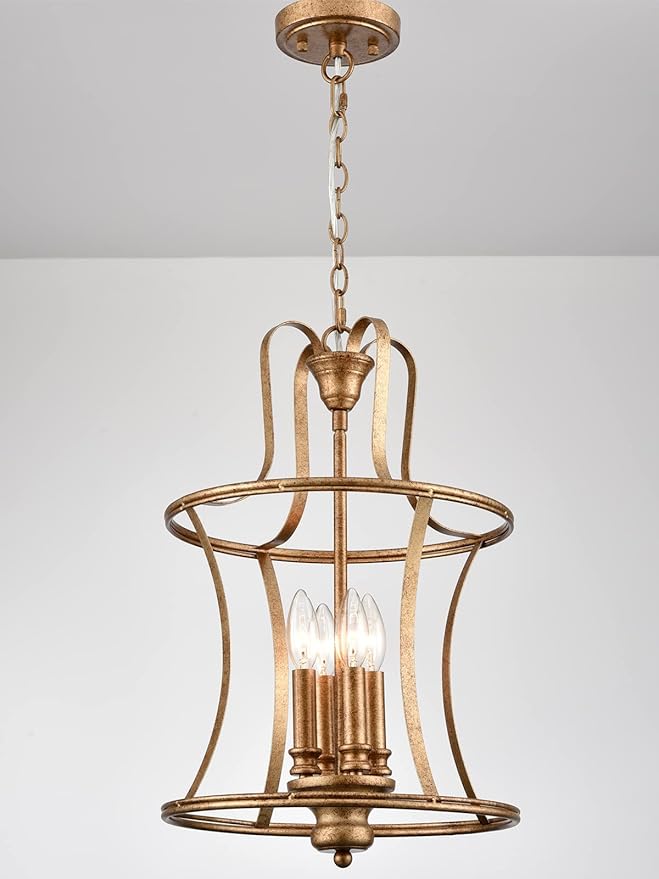 Modern Lantern Pendant Light 4-Light Lantern Chandelier Lighting, Rusty Gold Pendant Lights Kitchen Island Hanging Light Fixtures for Dining Room Hallway Living Room