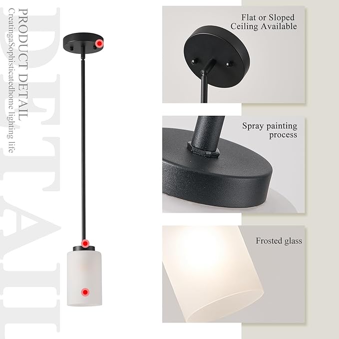1-Light Mini Pendant Light Fixtures, Industrial Chandelier Hanging Ceiling Lights with Opal White Glass, Adjustable Height, Black Pendant Lamp, 2 Pack