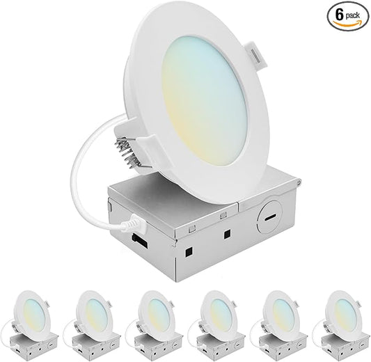 LUXRITE 4 Inch LED Recessed Light, ECO Backlit Mini Panel Spotlight, 5CCT 2700K-5000K, 1000 Lumens, High Output, 11 Watts, Dimmable, IC Rated, Wet Rated, ETL Listed, Energy Star, Round (6 Pack)