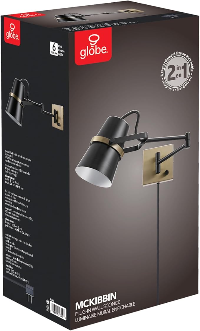 Globe Electric 51345 1-Light Plug-in or Hardwire Swing Arm Wall Sconce, Matte Black, Brass Accents, 6ft Woven Fabric Cord, Flat Plug, Rotary Switch, Modern Light for Apartments and Rental