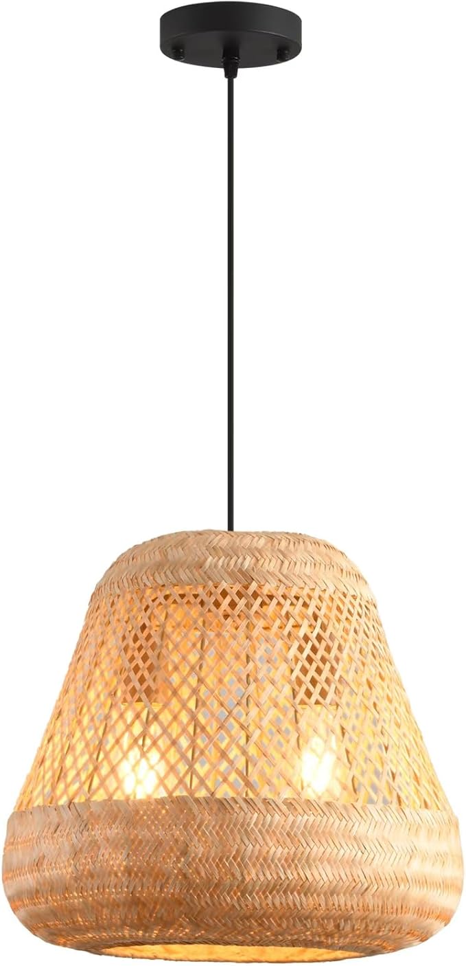 2-Light Rattan Pendant Light,Handmade Rattan Woven Wicker Boho Chandelier Light Fixture Kitchen Island Bedroom Living Room Dining Room Farmhouse Adjustable Height