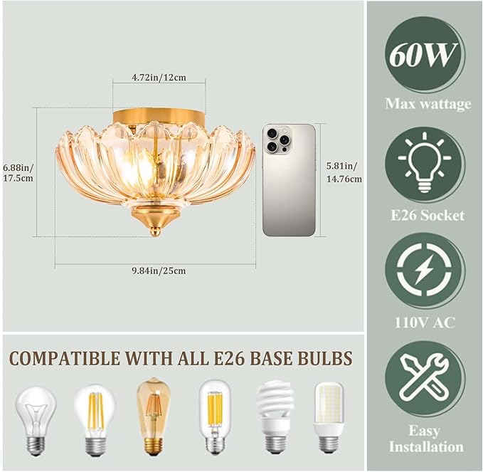 Vintage Ceiling Light,Semi Flush Mount Ceiling Light 9.8 Inch Hallway Vintage Lights Fixture Ceiling E26 Small Amber Glass Ceiling Lighting for Living Room, Bedroom, Dining Room
