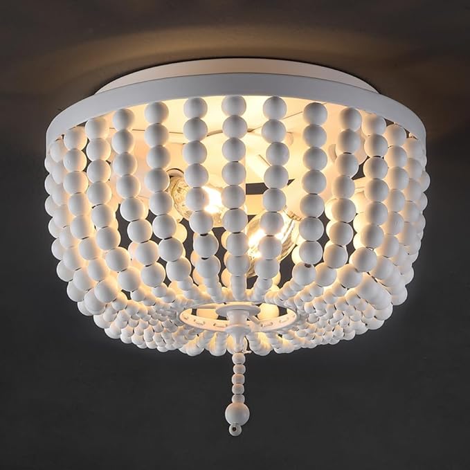 JONATHAN Y 10" White Allison 2-Light LED Flush Mount Ceiling Light for Bedroom, Wood Beaded Shade Shabby Chic Farmhouse Rustic Decor, LED Bulbs Included (JYL9074D)