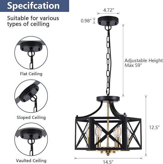 6-Light Black and Brushed Gold Pendant Light, Modern Farmhouse Chandeliers for Dining Room, Adjustable Metal Cage Hanging Light, Vintage Geometric Pendant Lighting for Kitchen Entryway Foyer