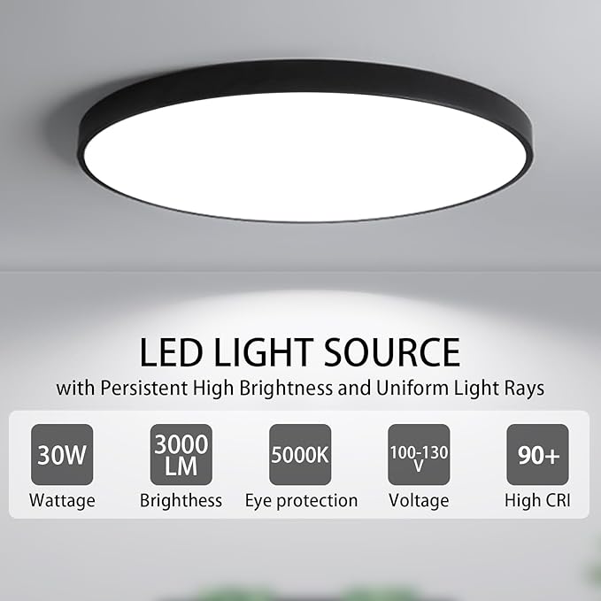 16 Inch LED Flush Mount Ceiling Light Fixture, 5000K Daylight White, 3000LM, 30W, Flat Modern Round Lighting Fixture, 300W Equivalent White NOT-DIMMABLE