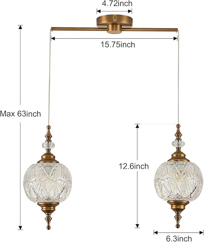 Vintage Pendant Lighting Fixtures Modern Glass Hanging Lamp for Kitchen Island Bedroom Hallway Dining Room 2 Light Chandeliers with Clear Glass Shade