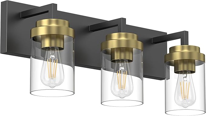 Espird Bathroom Lighting Fixtures, 3-Light Bathroom Vanity Lights Over Mirror, Black and Gold Vanity Light with Glass Shade, Modern Vanity Lighting Fixtures for Bathroom, Bedroom, Hallway