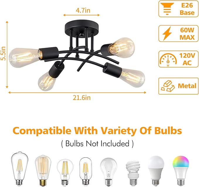 Industrial 4-Light Semi Flush Mount Ceiling Light Fixture, Modern Black Close to Ceiling Light, E26 Base Chandelier Lighting, Farmhouse Pendant Lamp for Hallway Kitchen Bedroom