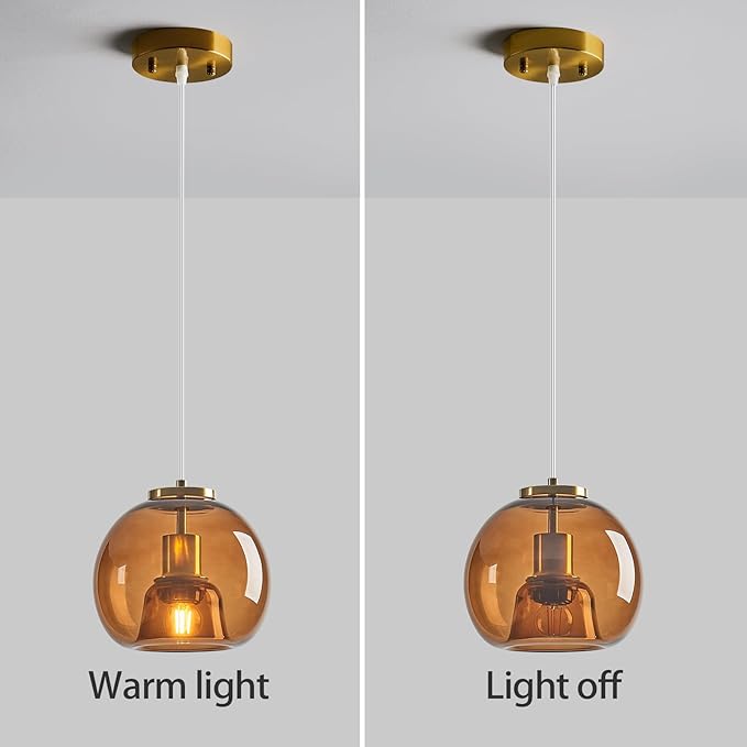Brown Glass Pendant Lights Kitchen Island Gold Hanging Light Fixture Glass Globe Pendant Light Modern Pendant Lighting for Kitchen Island Bedroom Dining Room (7.87", 2 Pack)