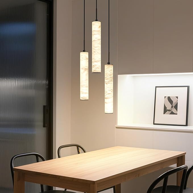 LMQNINE Natural Alabaster Pendant Lights for Kitchen Island White Marble Long Tube Chandelier 4000K Modern Black Ceiling Light Fixtures for Bedroom Dining Room Table Living Room Hallway(M-3Light)