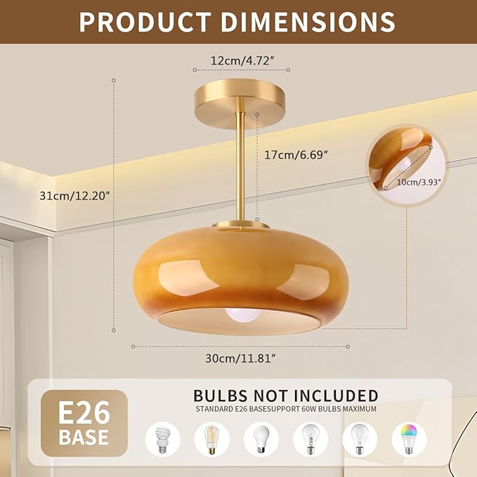 Brass Modern Hallway Ceiling Light - Orange Glass Ceiling Lamp with Dome Shade, Gold Mid Century Semi Flush Mount, Bedroom Entrance Light Fixture