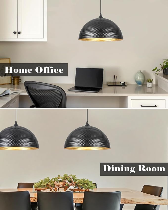 16 inch Black and Gold Pendant Light 1 Pack, Hammered Large Industrial Pendant Lights Kitchen Island, Black Dome Pendant Light for Kitchen Island, Dining Room, Bar
