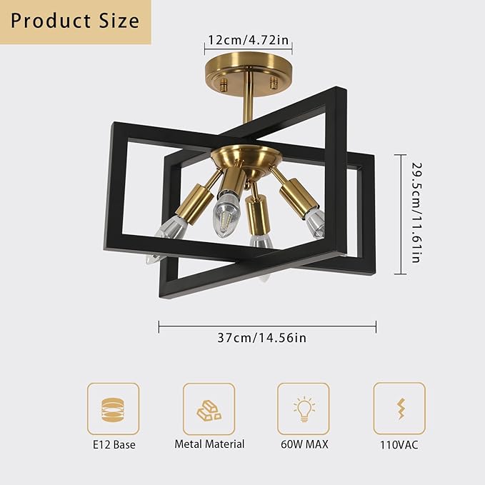 DELIPOP 4-Light Flush Mount Ceiling Light, Farmhouse Gold Square Metal Frame Light Fixtures Ceiling Chandelier for Kitchen, Dining Room, Entryway, Hallway, Island
