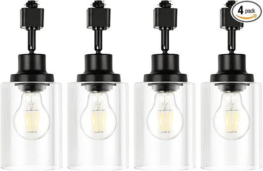 VANoopee H Type Track Lighting Heads E26 Track Light Ceiling Modern for Kitchen, Compatible with H Track Lighting Rail System, Black Track Lighting Fixtures with Glass Lamp Shade, 4 Pack, No Bulbs