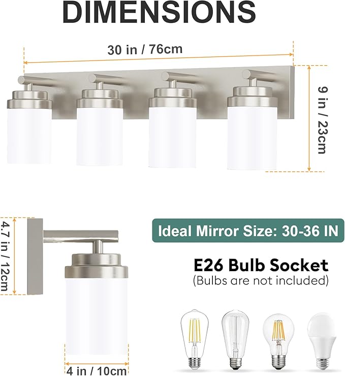 IZORRO Bathroom Vanity Light Fixture, 4-Light 30 Inch Brushed Nickel Bathroom Light Fixtures Over Mirror, with White Glass Shade, Modern Farmhouse Vanity Lights, Rustic Restroom Lighting Fixtures