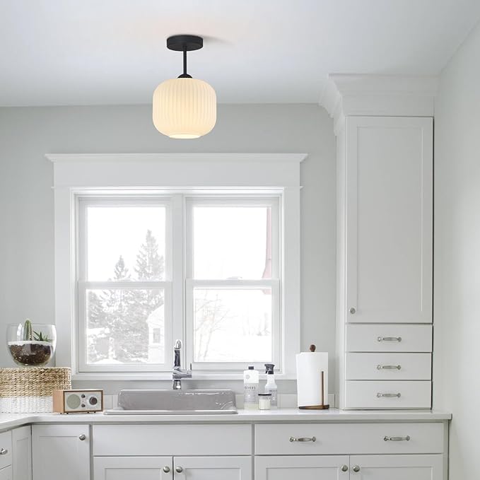 Black and White Flush Mount Ceiling Light Vintage Milk Glass Semi Flush Mount Ceiling Light Black Modern Globe Ceiling Lighting for Bedroom Bathroom Living Room