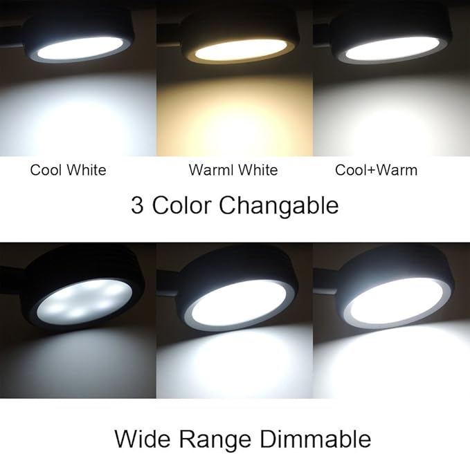 QUANS Dimmable Clip on Clamp LED Gooseneck Desk Light Lamp, Clip-on 3 Color Changeable Reading Lights, C-Clamp Nightlight, USB Port, 3 Color Temperature, Black