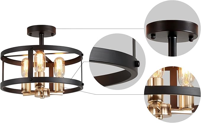 AGV LIGHTING Farmhouse Semi Flush Mount Ceiling Light Fixture， 3-Light Close to Ceiling Light, Shiny Gold & Matte Black Finish