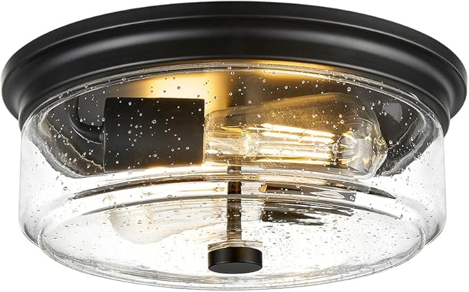 Black Flush Mount Ceiling Light, 12 Inch 2-Light Industrial Farmhouse Ceiling Light Fixture with Seeded Glass Shade, Flush Mount Light for Kitchen, Hallway, Entryway, Bedroom
