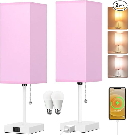 18'' Table Lamp for Bedroom set of 2,3-Color Bedside Lamps with Pull Chain Table Lamps for Night stands ,Small Night Light Lamps with 2 Bulbs Lamps for Living Room Kids Room Office Decor（Pink+White）