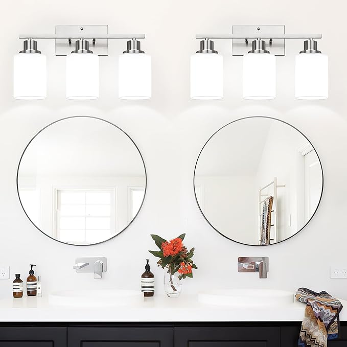 MOKATNG 3-Light Bathroom Light Fixtures, Brushed Nickel Vanity Light with Milky White Shades, Bathroom Lighting Fixtures Over Mirror, Modern Bathroom Wall Lamp for Mirror Living Room Cabinet Bedroom