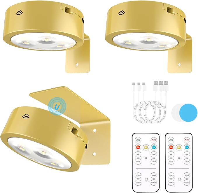 3 Pack Picture Lights for Wall, Rechargeable Battery Operated wall lights, Picture Frame lights with 3 Lighting Modes, Wireless Magnetic Painting Light with Remote Control Timer (Golden, 3 Pack)