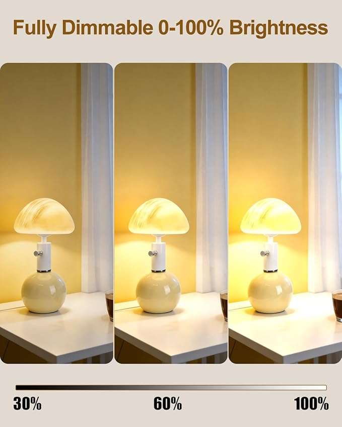 Lightdot Mid Century Modern Stepless Dimmable Table Lamp Ceramic 3000K Warmwhite Desk Lamp with Mushroom-Shaped Shade for Living Room Bedroom Bedside Nightstand Office Home Reading