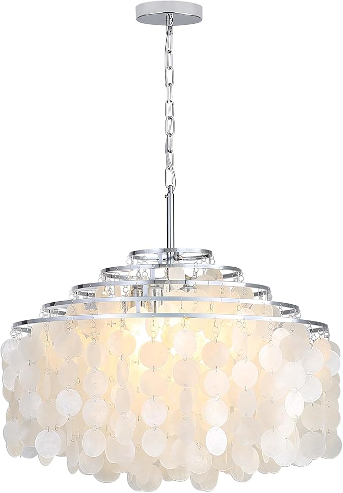 24" Capiz Shell Chandelier Dining Room Chandeliers Bathroom Pendant Light 6 Light Coastal Ceiling Hanging Light for Kitchen, Living Room,Bathroom and Bedroom,Natural Pearl Color