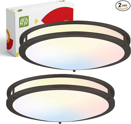 ASD LED 18" Round Flush Mount Lighting, Close to Ceiling Light Fixture | 3CCT, Dimmable, Energy Star, ETL Listed | 28W 2230LM 3000-5000K 120V | Low Profile Double Ring Lamp | Dark Bronze, 2 Pack