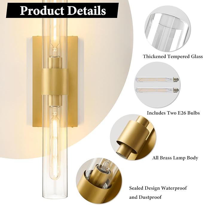 Champagne Brass Bathroom Wall Sconce - Modern Gold Light Sconces - Dimmable Lighting Fixtures - Vertical or Horizontal Mounted Clear Glass Tube Vanity Lights for Indoor Living Room Hallway