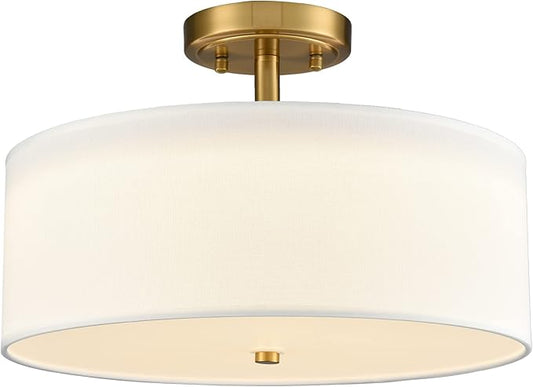 Dimmable Gold Semi Flush Mount Ceiling Light with Drum Shade Ceiling Light Fixture 30W 3000K/4500K/5500K Brass LED Flush Mount Light for Bedroom Hallway Living Room, 15-Inch
